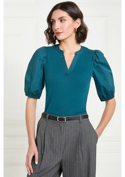 Kadın Petrol Mavisi V Yaka Kısa Kollu Pamuklu Ribanalı Dokuma Balon Kol Şık Bluz - Kadın Bluz