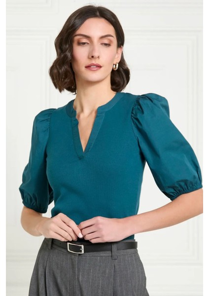 Kadın Petrol Mavisi V Yaka Kısa Kollu Pamuklu Ribanalı Dokuma Balon Kol Şık Bluz - Kadın Bluz fiyatları