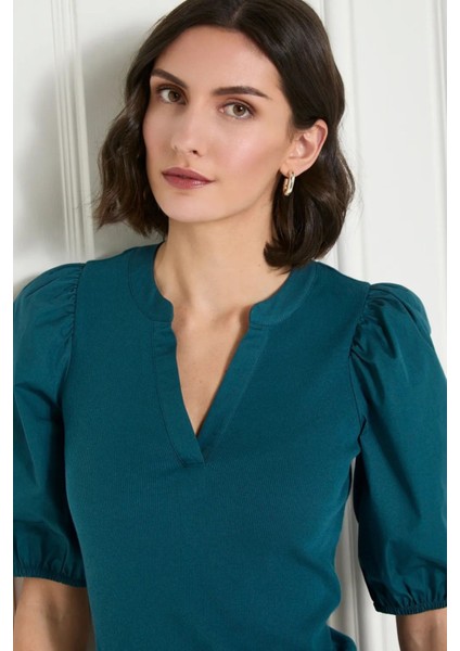Kadın Petrol Mavisi V Yaka Kısa Kollu Pamuklu Ribanalı Dokuma Balon Kol Şık Bluz - Kadın Bluz modelleri