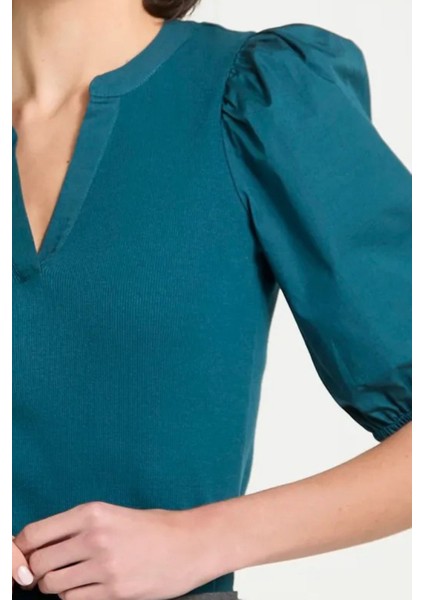 Kadın Petrol Mavisi V Yaka Kısa Kollu Pamuklu Ribanalı Dokuma Balon Kol Şık Bluz - Kadın Bluz fırsatları