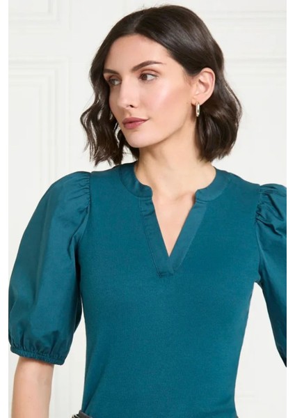 Kadın Petrol Mavisi V Yaka Kısa Kollu Pamuklu Ribanalı Dokuma Balon Kol Şık Bluz - Kadın Bluz indirimleri