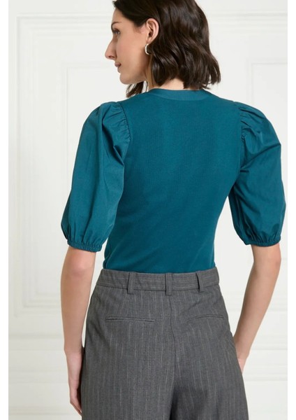 Kadın Petrol Mavisi V Yaka Kısa Kollu Pamuklu Ribanalı Dokuma Balon Kol Şık Bluz - Kadın Bluz