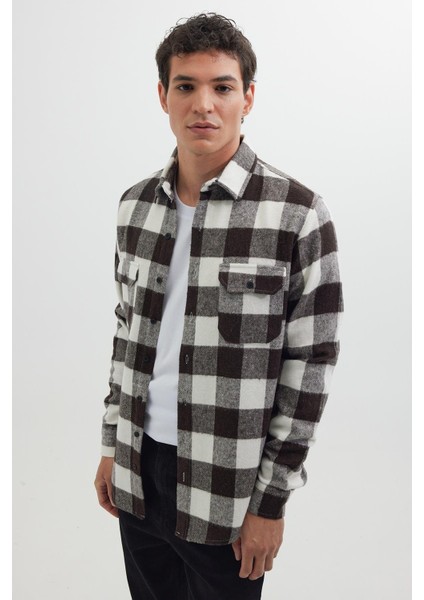 Erkek Slim Fit Dar Kesim Uzun Kollu Kapaklı Çift Cepli Kareli Kışlık Oduncu Gömlek