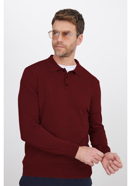Erkek Standart Fit Normal Kesim Pamuklu Polo Yaka Bordo Kazak