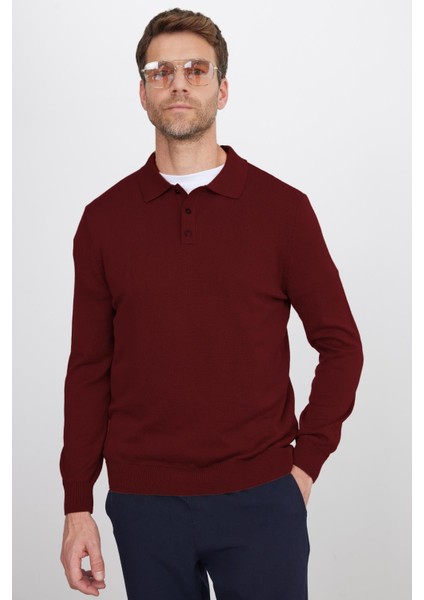 Erkek Standart Fit Normal Kesim Pamuklu Polo Yaka Bordo Kazak fiyatları