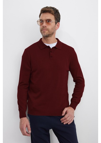 Erkek Standart Fit Normal Kesim Pamuklu Polo Yaka Bordo Kazak indirimleri