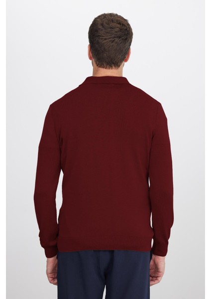 Erkek Standart Fit Normal Kesim Pamuklu Polo Yaka Bordo Kazak