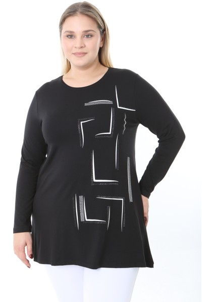 Kadın Büyük Beden Desenli Taş Baskılı Tunik