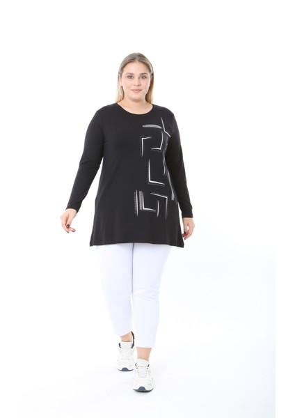 Kadın Büyük Beden Desenli Taş Baskılı Tunik