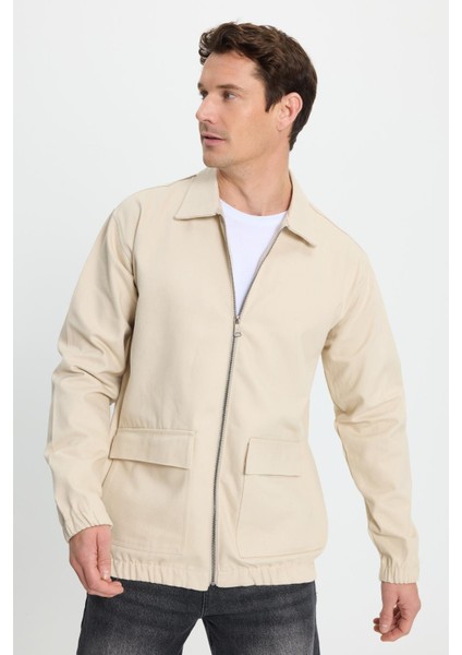 Erkek Relax Fit Rahat Kesim Çift Cep Kapaklı Fermuarlı Beli Lastikli Düz Bej Ceket Mont Gömlek fırsatları
