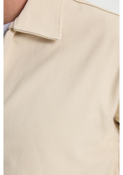 Erkek Relax Fit Rahat Kesim Çift Cep Kapaklı Fermuarlı Beli Lastikli Düz Bej Ceket Mont Gömlek