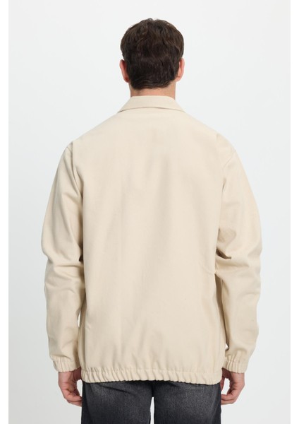 Erkek Relax Fit Rahat Kesim Çift Cep Kapaklı Fermuarlı Beli Lastikli Düz Bej Ceket Mont Gömlek