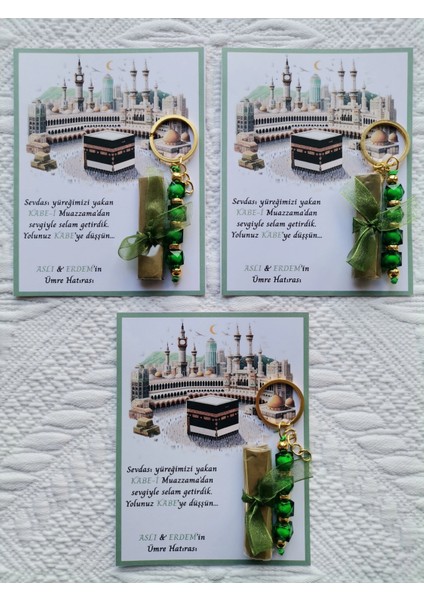 48 Adet Kişiye Özel Tasarım Hac Umre Mevlid Hatırası Dağıtmalık Hediyelik Yeşil Anahtarlık ve Kına modelleri