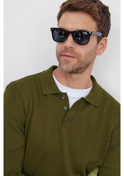 Erkek Standart Fit Normal Kesim Pamuklu Polo Yaka Haki Kazak