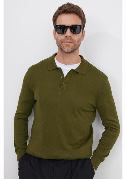 Erkek Standart Fit Normal Kesim Pamuklu Polo Yaka Haki Kazak fiyatları