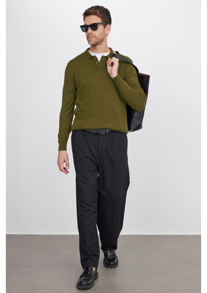 Erkek Standart Fit Normal Kesim Pamuklu Polo Yaka Haki Kazak fırsatları