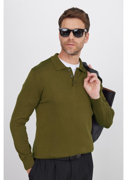 Erkek Standart Fit Normal Kesim Pamuklu Polo Yaka Haki Kazak indirimleri