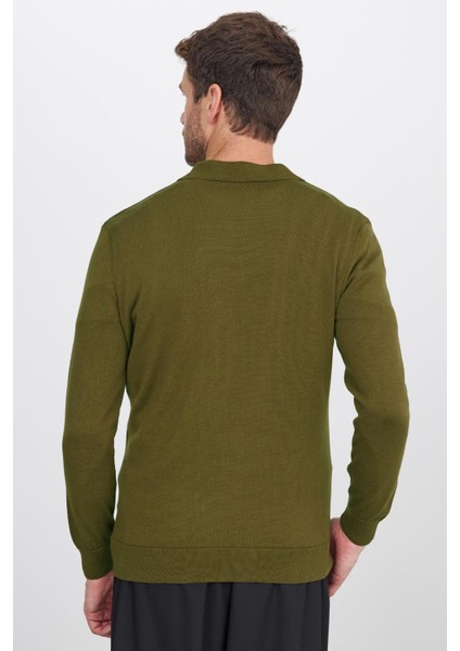 Erkek Standart Fit Normal Kesim Pamuklu Polo Yaka Haki Kazak