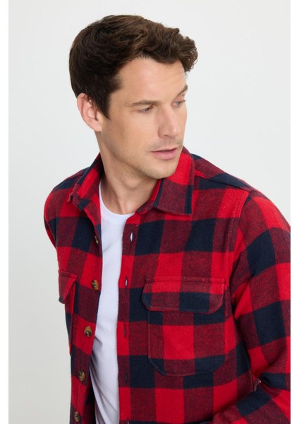 Erkek Slim Fit Dar Kesim Uzun Kollu Kapaklı Çift Cepli Kareli Kışlık Oduncu Gömlek