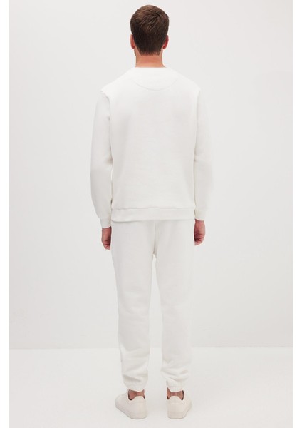 Erkek Relax Fit Pamuklu 3 Iplik Yumuşak Dokulu Içi Polarlı Bisiklet Yaka Beyaz Eşofman Takımı