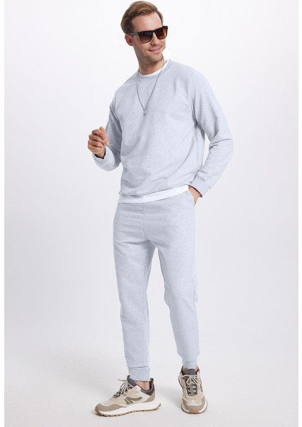 Erkek Relax Fit Pamuklu 2 Iplik Yumuşak Dokulu Bisiklet Yaka Gri Eşofman Takımı