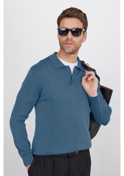 Erkek Standart Fit Normal Kesim Pamuklu Polo Yaka Indigo Kazak