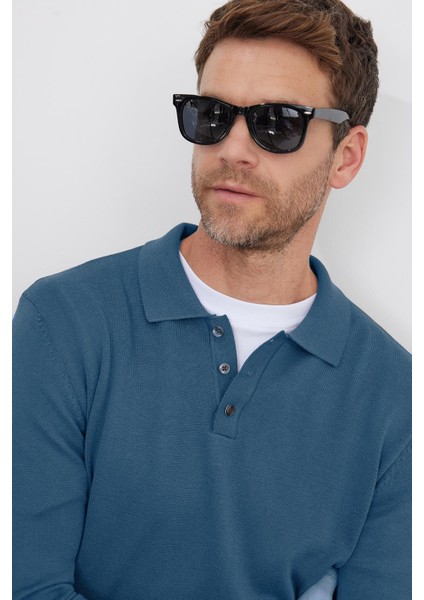 Erkek Standart Fit Normal Kesim Pamuklu Polo Yaka Indigo Kazak fiyatları