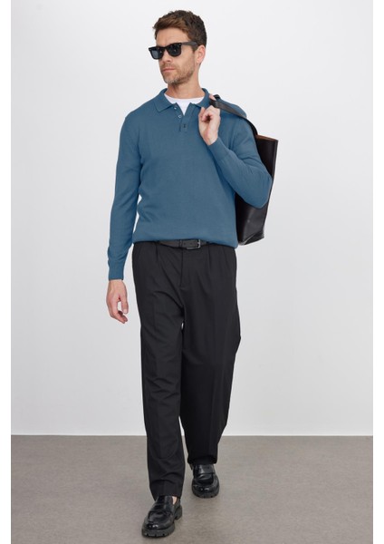 Erkek Standart Fit Normal Kesim Pamuklu Polo Yaka Indigo Kazak fırsatları