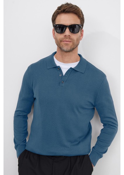 Erkek Standart Fit Normal Kesim Pamuklu Polo Yaka Indigo Kazak indirimleri