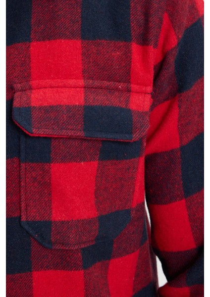 Erkek Slim Fit Dar Kesim Uzun Kollu Kapaklı Çift Cepli Kareli Kışlık Oduncu Gömlek