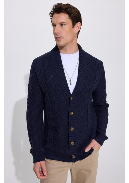 Slim Fit Dar Kesim Desenli Yumuşak Dokulu Düğmeli Lacivert Erkek Hırka