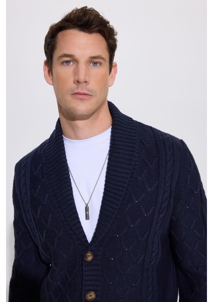 Slim Fit Dar Kesim Desenli Yumuşak Dokulu Düğmeli Lacivert Erkek Hırka fiyatları