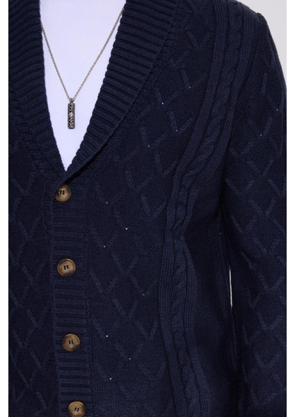 Slim Fit Dar Kesim Desenli Yumuşak Dokulu Düğmeli Lacivert Erkek Hırka modelleri