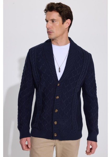 Slim Fit Dar Kesim Desenli Yumuşak Dokulu Düğmeli Lacivert Erkek Hırka fırsatları