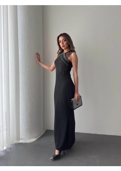 Kadın Omuz Çoklu Askılı Önü Taş Işlemeli Balık Kesim Janjan Krep Maxi Boy Elbise fiyatları