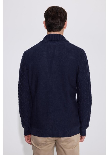 Slim Fit Dar Kesim Desenli Yumuşak Dokulu Düğmeli Lacivert Erkek Hırka