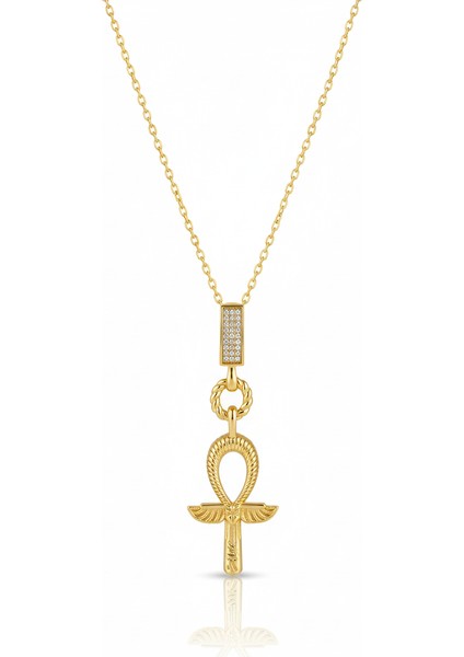 Çelik Ankh Kolye Mısır Sembolü Zirkon Taşlı Kararmaz Takı