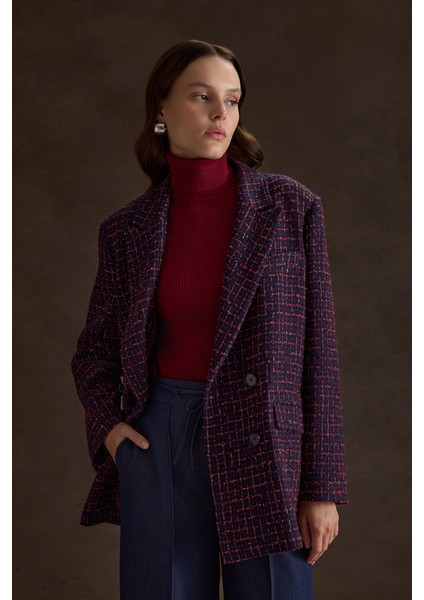 Ekose Tweed Kumaş Kruvaze Ceket