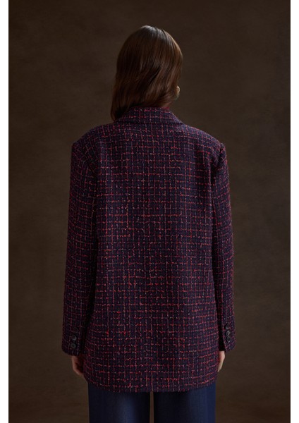 Ekose Tweed Kumaş Kruvaze Ceket