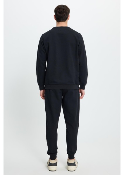 Erkek Relax Fit Pamuklu 2 Iplik Yumuşak Dokulu Bisiklet Yaka Siyah Eşofman Takımı