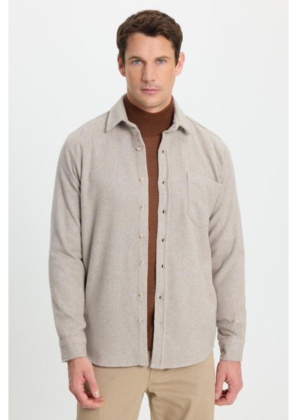 Erkek Regular Fit Klasik Kesim Düz Cepli Koyu Vizon Oduncu Gömlek