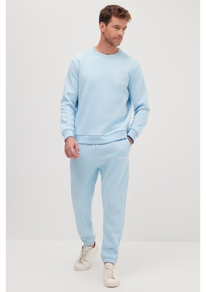 Erkek Relax Fit Pamuklu 3 Iplik Yumuşak Dokulu Içi Polarlı Bisiklet Yaka Mavi Eşofman Takımı