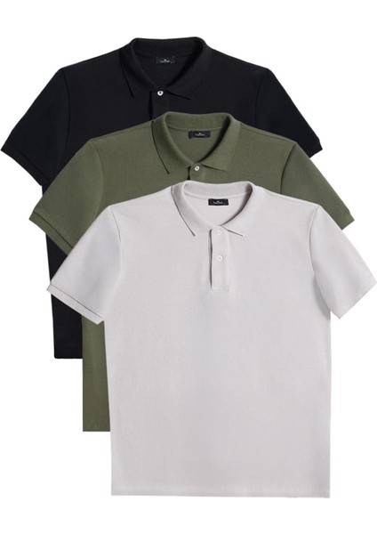 Erkek 3'lü Paket Siyah-Yeşil-Gri Slim Fit Dar Kesim Pamuklu Düz Pike Polo Yaka Tişört