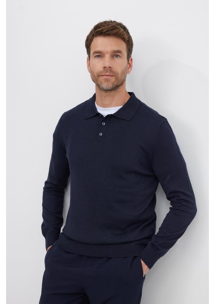 Erkek Standart Fit Normal Kesim Pamuklu Polo Yaka Lacivert Kazak