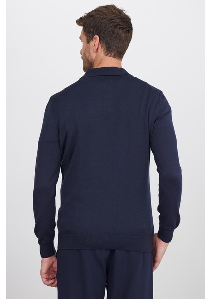 Erkek Standart Fit Normal Kesim Pamuklu Polo Yaka Lacivert Kazak