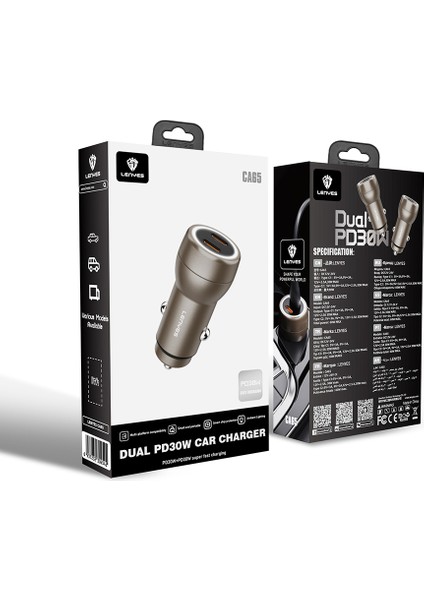 CA65 Hızlı Şarj Özellikli Dual Type-C + Type-C Portlu Pd Araç Şarj Aleti 60W Gold modelleri