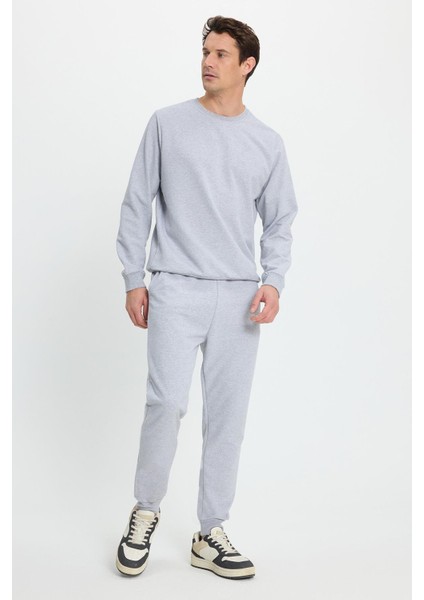 Erkek Relax Fit Pamuklu 2 Iplik Yumuşak Dokulu Bisiklet Yaka Gri Eşofman Takımı