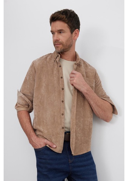 Erkek Regular Fit Rahat Kesim Fitilli Kadife Görünüm Düğmeli Yaka Açık Kahve Ceket Gömlek