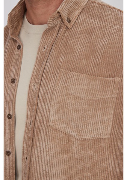 Erkek Regular Fit Rahat Kesim Fitilli Kadife Görünüm Düğmeli Yaka Açık Kahve Ceket Gömlek modelleri