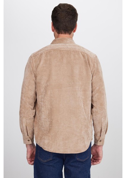 Erkek Regular Fit Rahat Kesim Fitilli Kadife Görünüm Düğmeli Yaka Açık Kahve Ceket Gömlek
